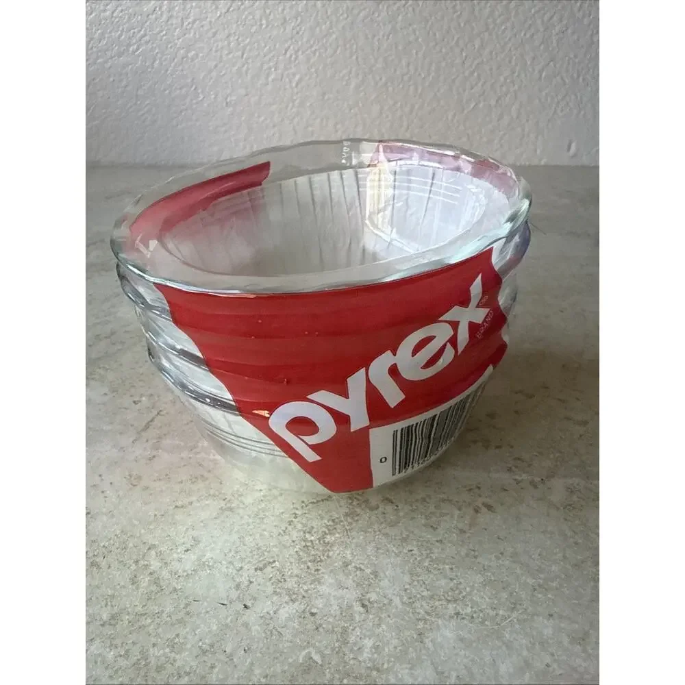 Pyrex Set Of Four 10-Oz 300mL Deep Pie Glass Bowls Dishes Scallop Edge 464-D NEW